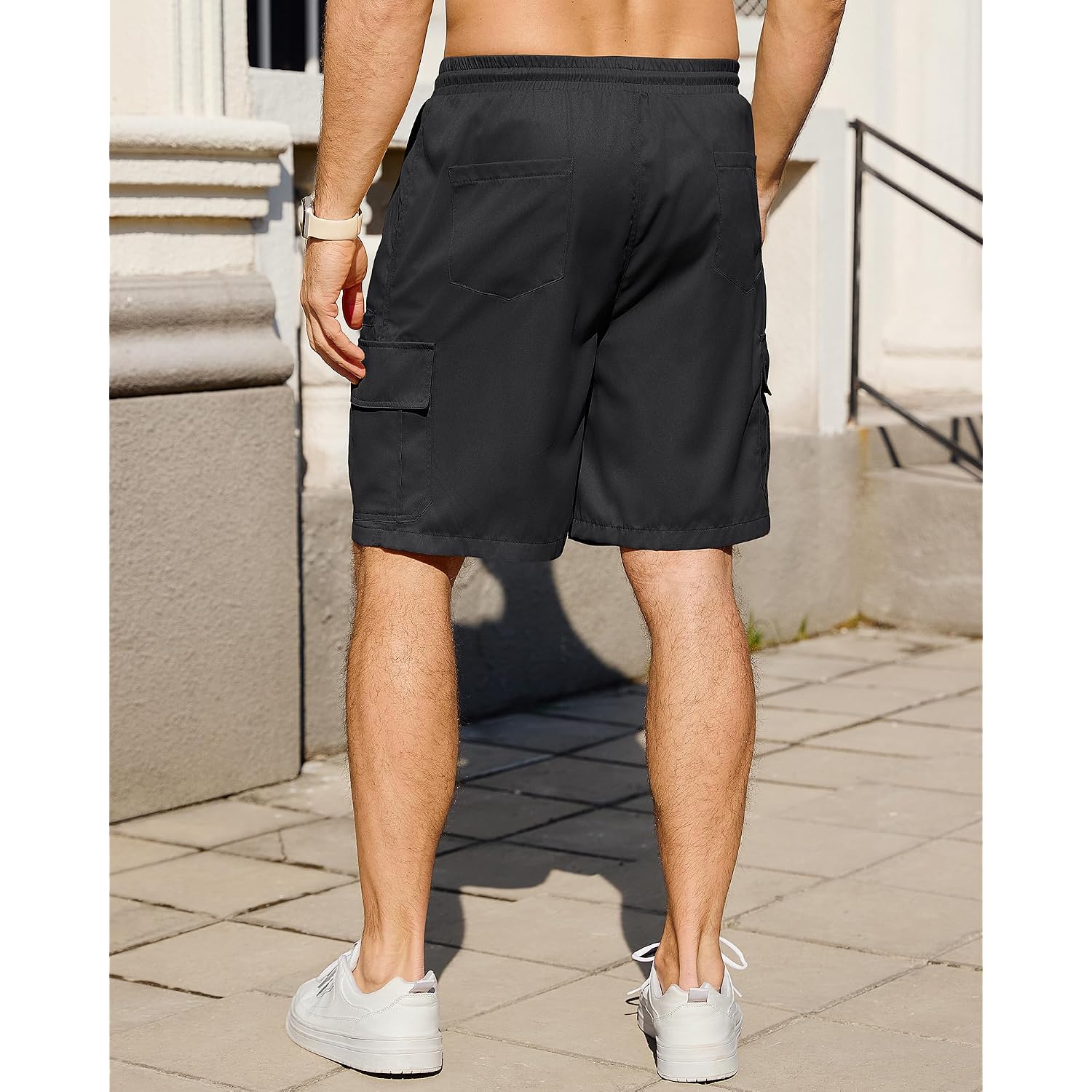 Uni Clau Men'S Elastic Waist Cargo Shorts 6 Pockets Utility Hiking Shorts | Waistband Drawstring，Casual Beach Shorts,Summer Lightweight Athletic Work ,Multi Functional Shorts,Machine Washed