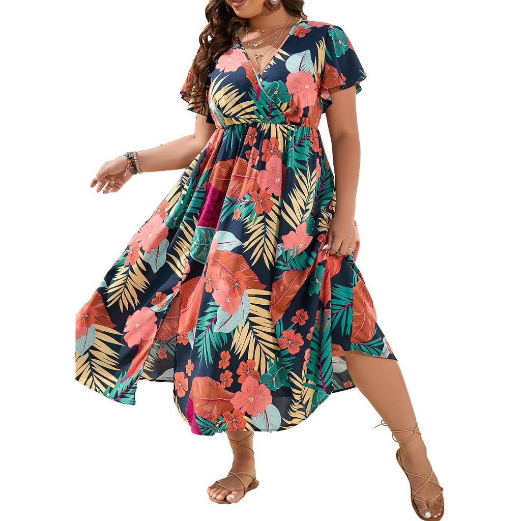 Floerns Women'S Plus Size Boho Hawaiian Tropical Dresses V Neck Short Sleeve Floral A Line Long Dress Vacation Beach Outfits