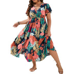 Floerns Women'S Plus Size Boho Hawaiian Tropical Dresses V Neck Short Sleeve Floral A Line Long Dress Vacation Beach Outfits