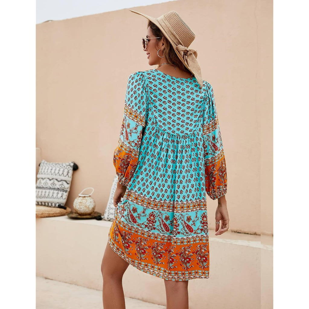 Bluetime Women Casual Summer Dress Boho V Neck 3/4 Sleeve Babydoll Floral Print Flowy Beach Dress