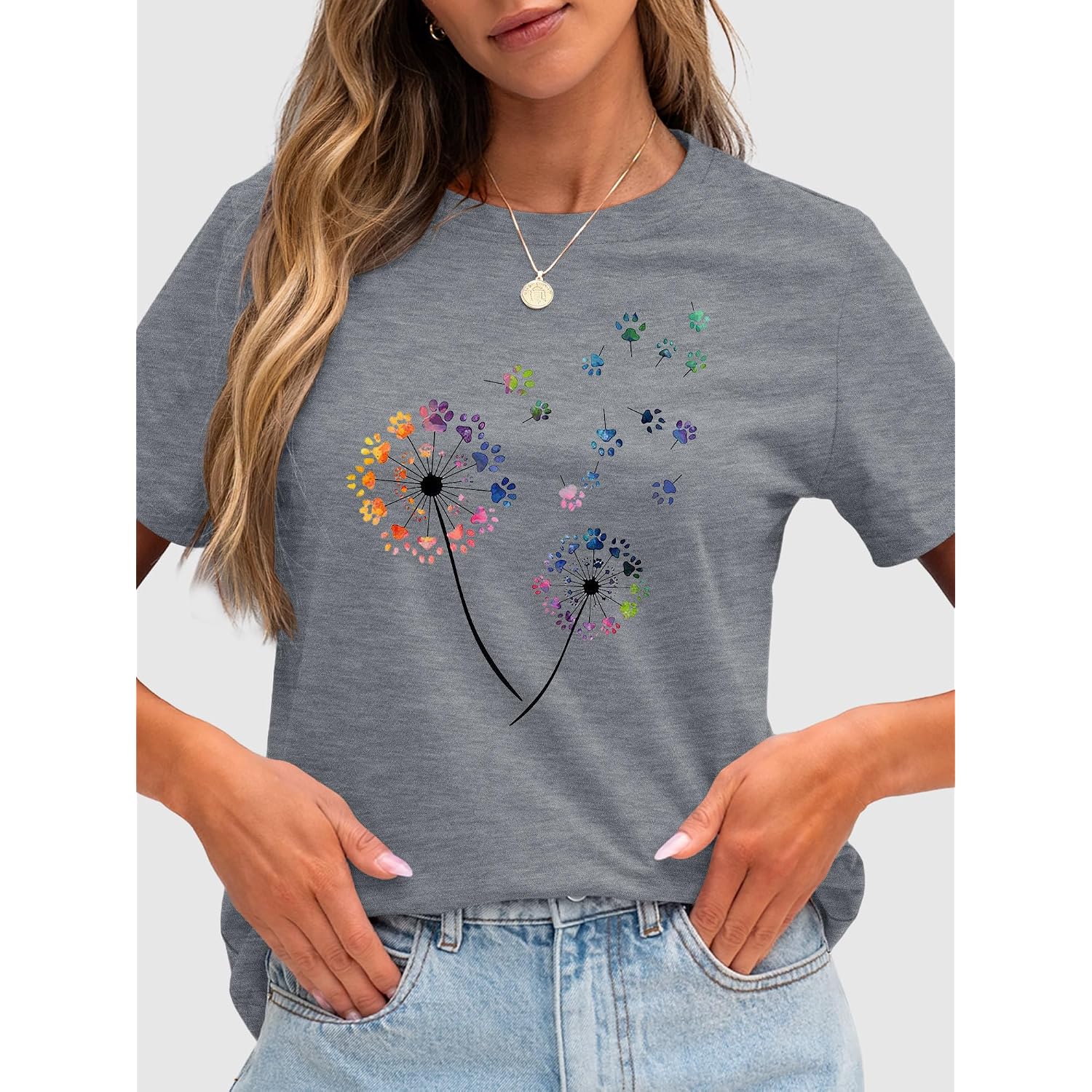 Anbech Womens Dandelion Graphic T-Shirts Teen Girls Cute Sunflower Print Casual Tee Tops Grey