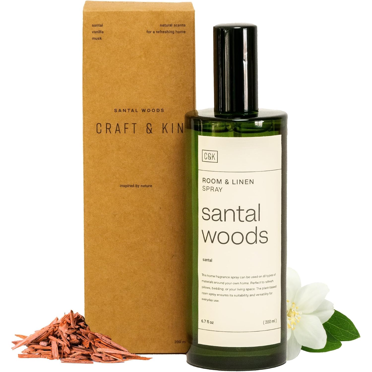 Craft & Kin Premium Santal Woods Room Spray – Long-Lasting Air Freshener For Home – Natural Essential Oil Linen & Pillow Spray – Odor Eliminator Aroma Mist For Bedroom & Washroom – 6.76 Oz