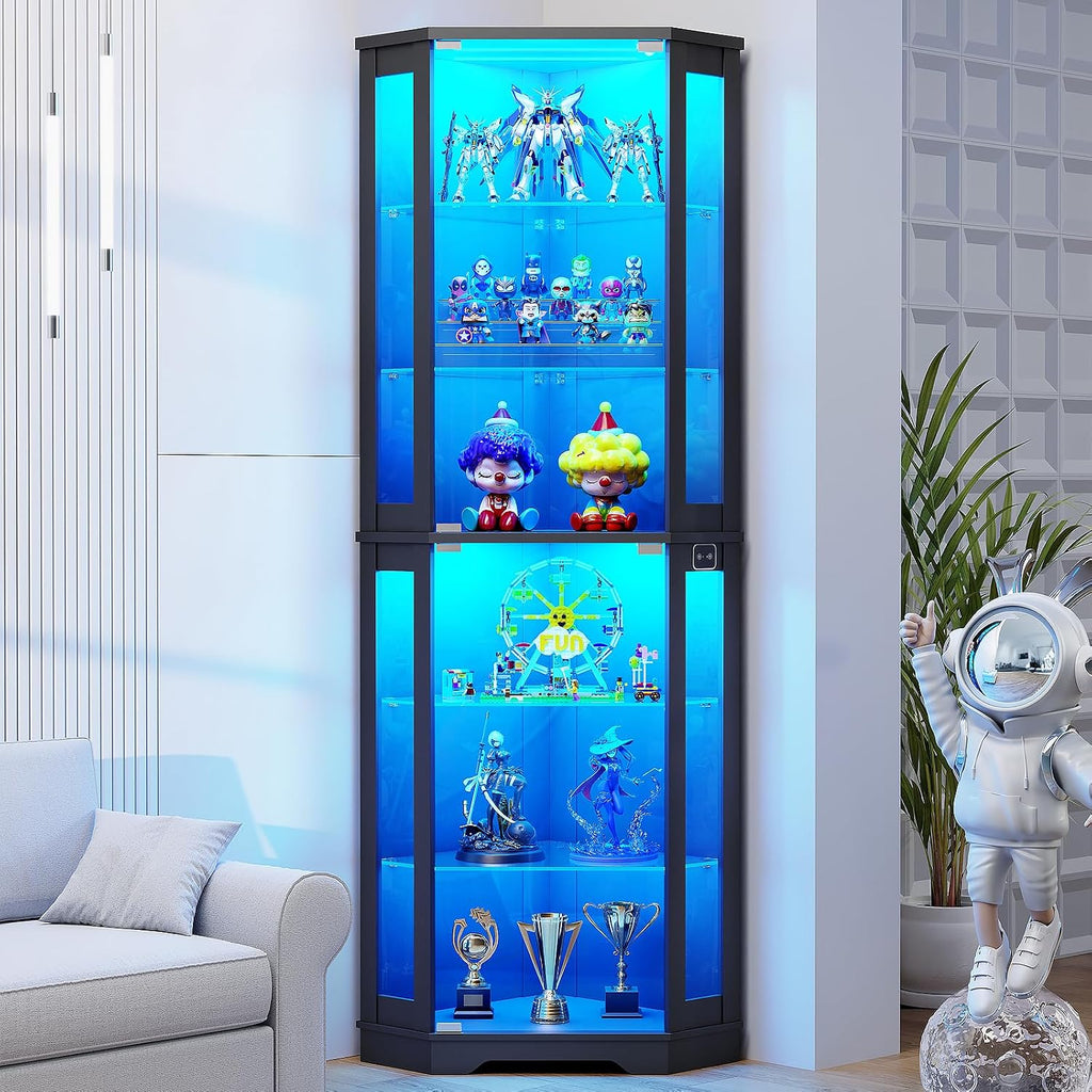 Brottar 71" Tall Corner Display Cabinet With Led Lights & Glass Shelves | 6 Tier Curio Cabinet With Glass Doors, Human Body Sensor, Showcase Display Case For Collectibles, Living Room, Black