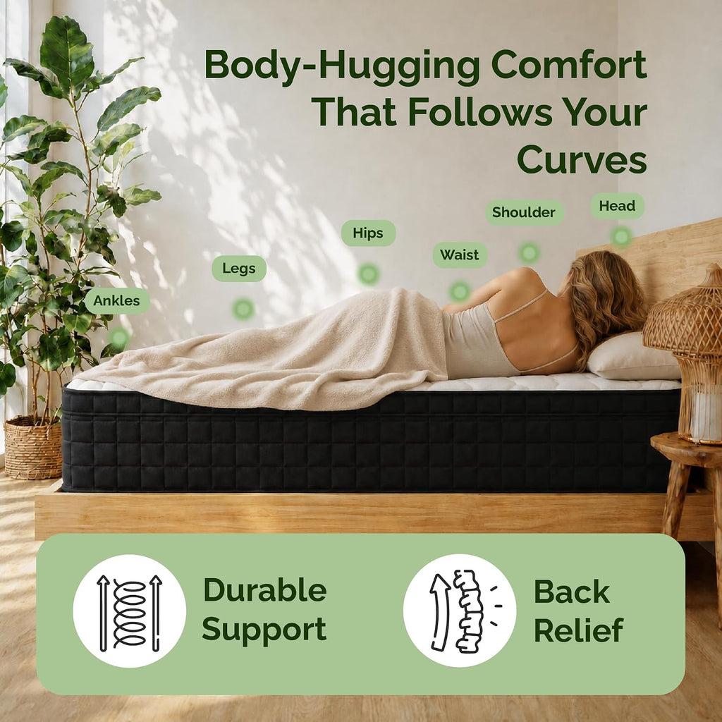King Size 12 Inch Hybrid Innerspring Mattress, Individual Pocket Coils Gel Memory Foam, Medium Soft Black & White Cover, Fiberglass Free Certipur-Us Certified Compressed Bed In A Box, 76" X 80"