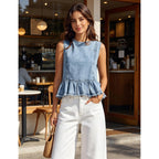 Huaqiao Womens Summer Sleeveless Denim Tops Button Back Crew Neck Jean Vest Cute Swing Ruffle Hem Y2K Tops