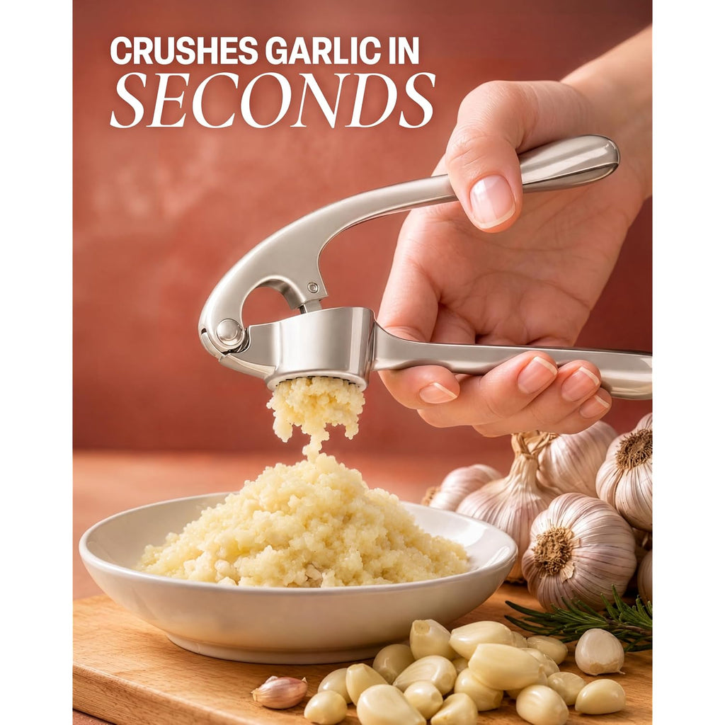 Zulay Kitchen Premium Garlic Press Set - Rust Proof Professional Garlic Mincer Tool - Easy-Squeeze, Easy-Clean With Soft, Ergonomic Handle - Silicone Garlic Peeler & Brush (Silver)