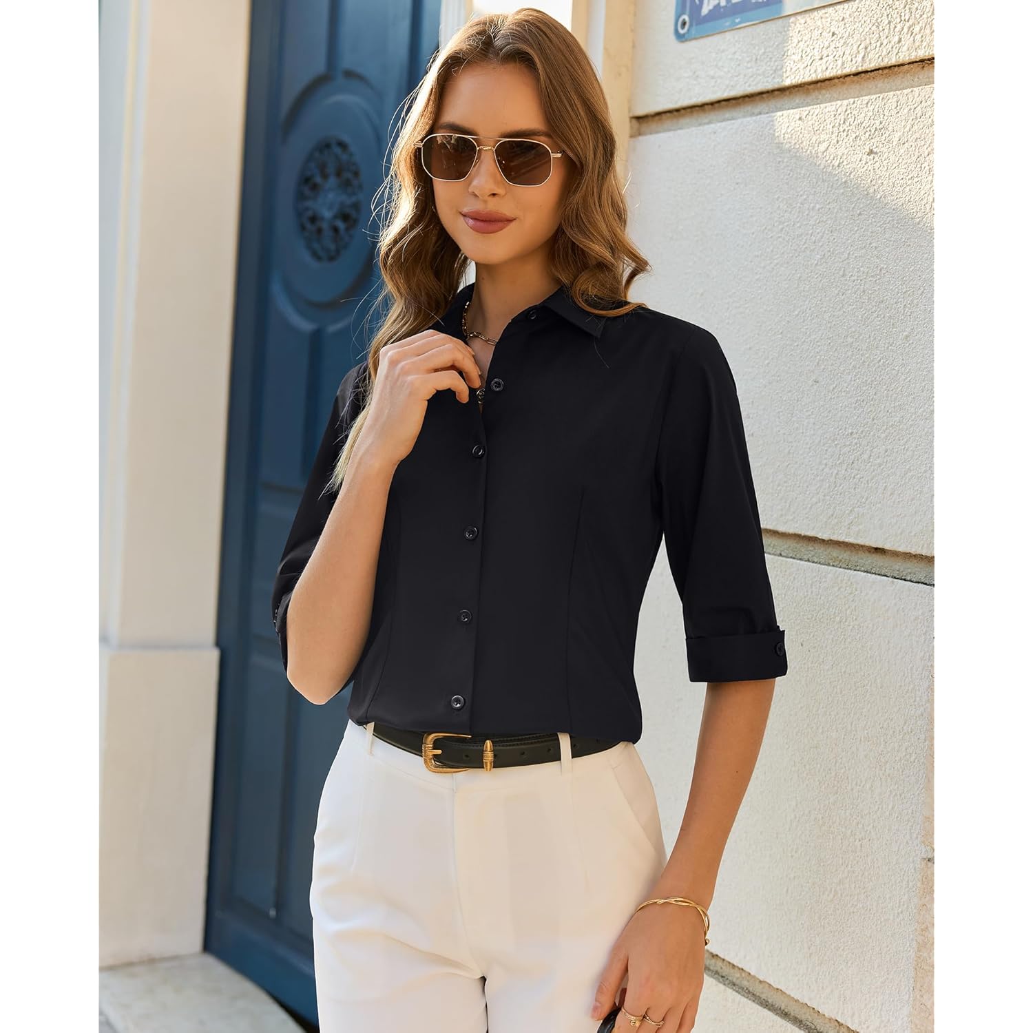 Button Down Shirts for Women: Slim Fit Stain Shield 3/4 Sleeve Dress Shirt Formal Work Button Up Blouses