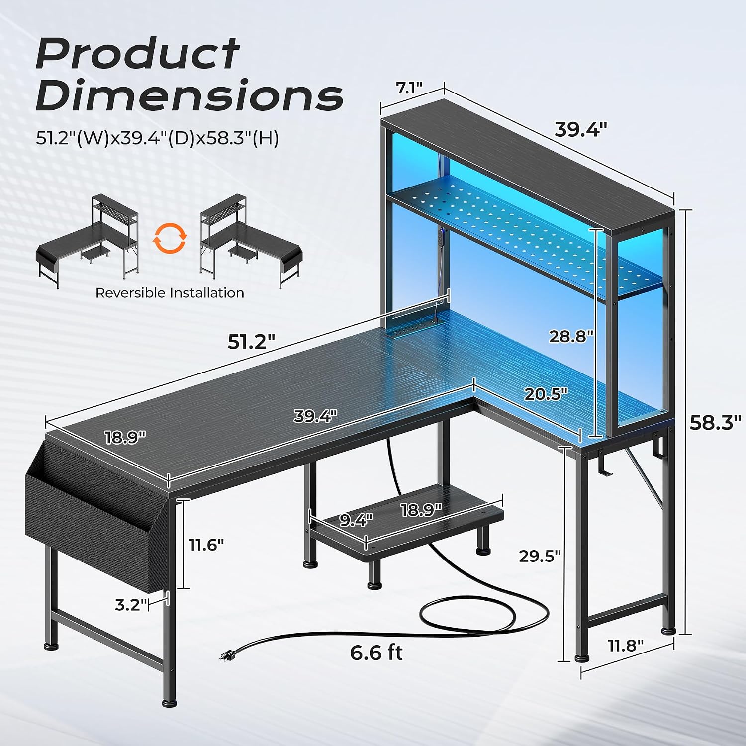 L Shaped Gaming Desk With Led Lights & Power Outlets, Reversible Computer Desk With Storage Shelves & Bag, Large Corner Home Office Desk With Pegboard For Work From Home, Black