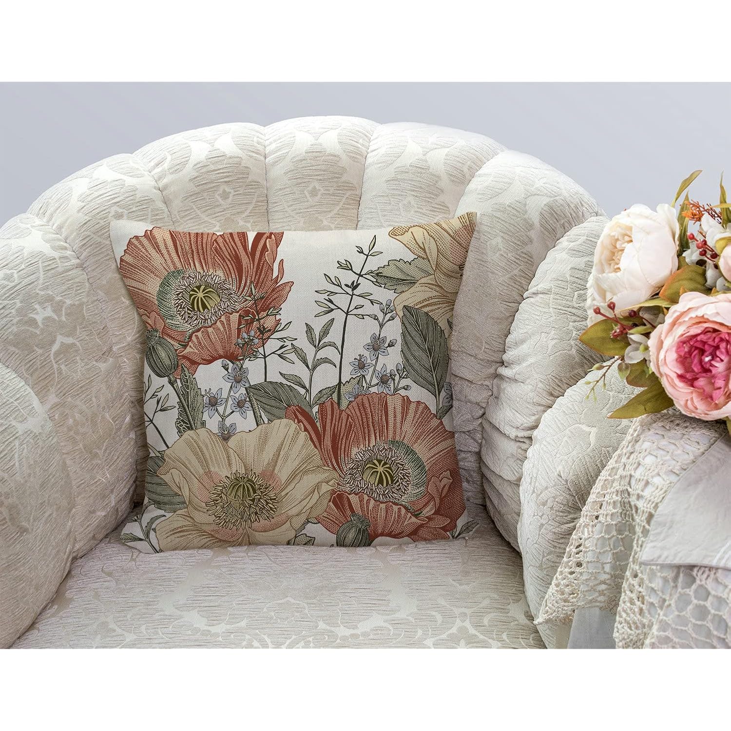 Tssohu Vintage Flowers Pillow Cover Rustic Cotton Linen Decorative Square Throw Pillow Cover 18X18 Inch For Sofa Couch Decoration