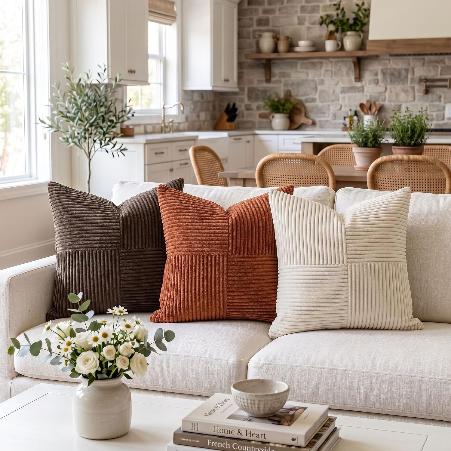Fancy Homi 2 Packs Rust Boho Decorative Throw Pillow Covers 18X18 Inch For Couch Bed Sofa, Farmhouse Fall Home Decor, Soft Corss Corduroy Patchwork Textured Terracotta Accent Cushion Case 45X45 Cm
