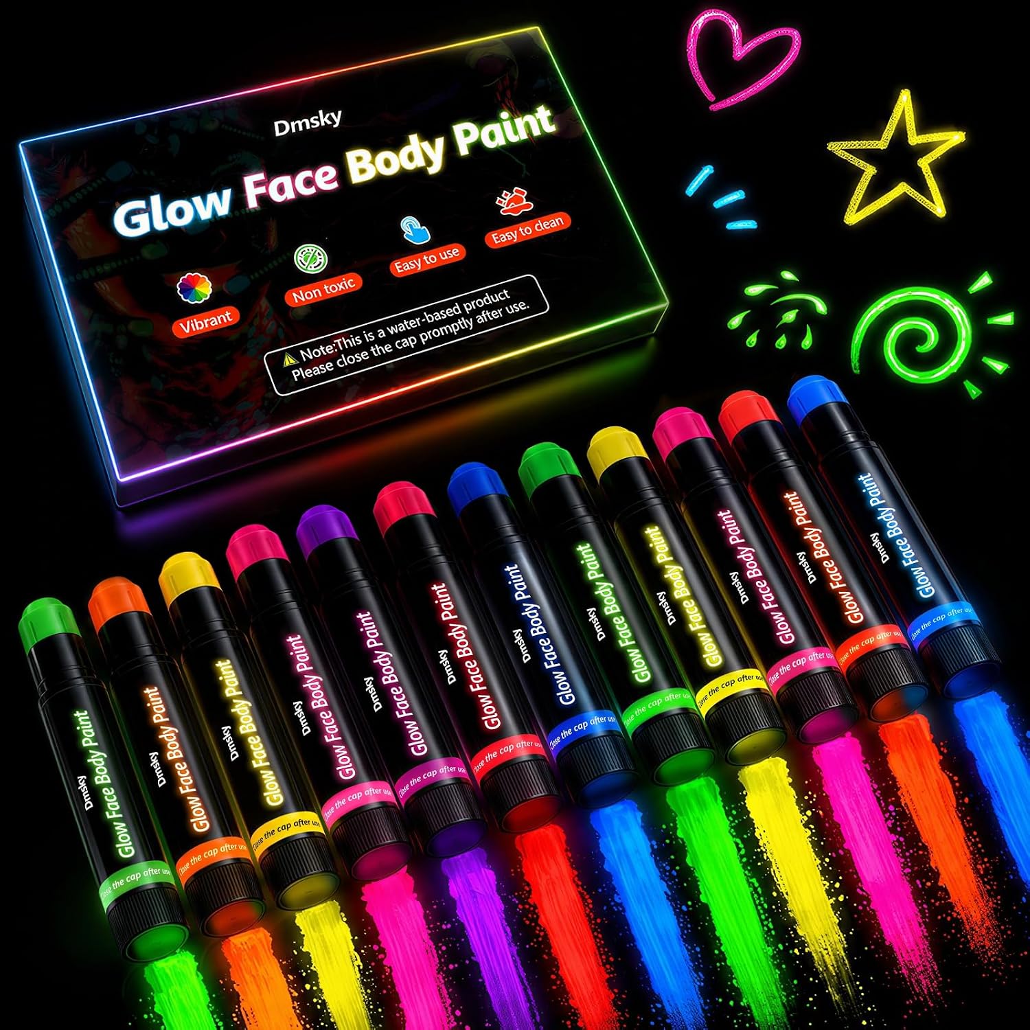 12 Pack Glow Face Body Paint,Neon Body Paint Sticks,Glow In The Dark Paint Under Uv Black Light,Makeup Face Painting Kit Professional Party Supplies For Halloween,Christmas,Birthday Party