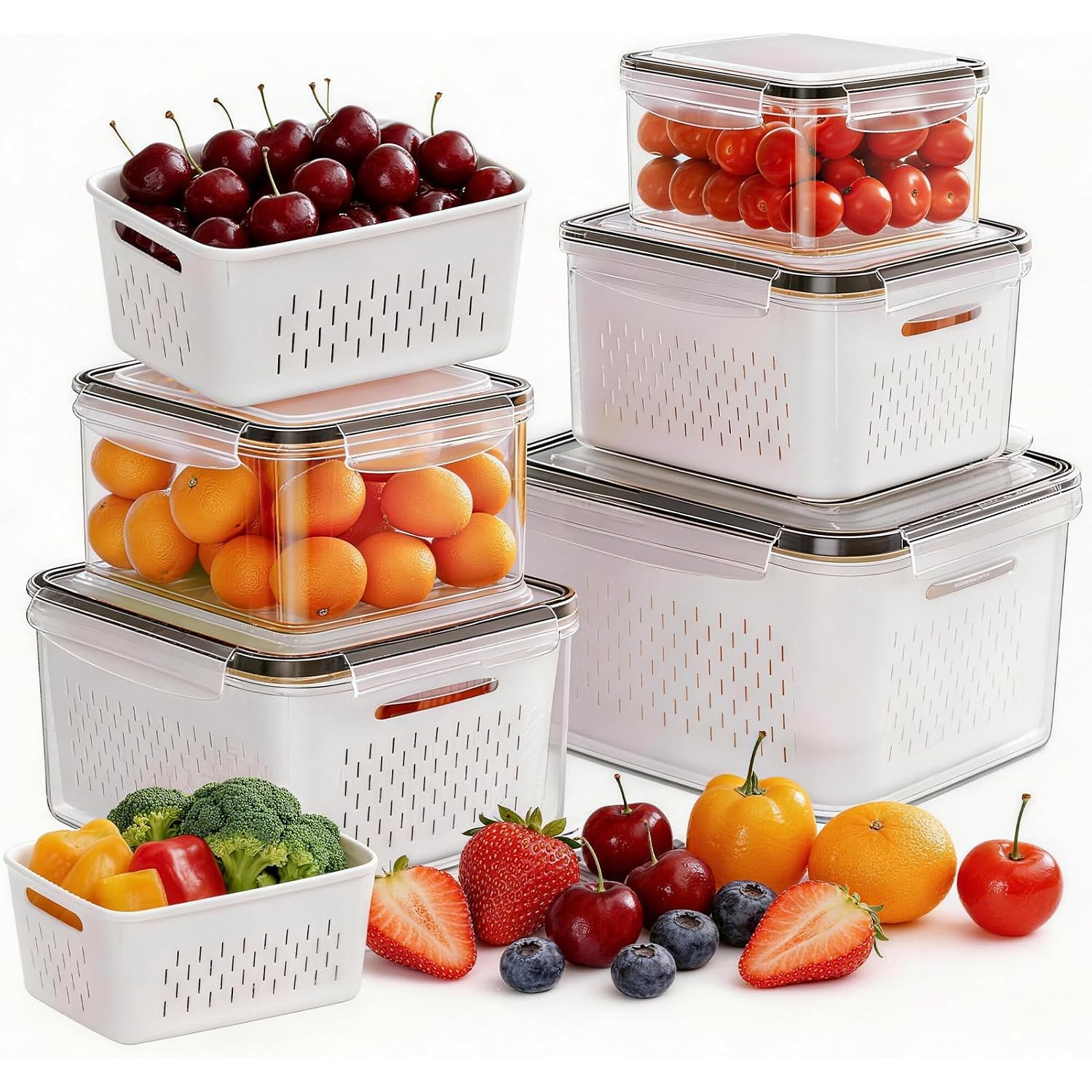 Hometall 5 Pack Fruit Storage Containers For Fridge, Plastic Fruit Containers For Fridge With Removable Colanders, Leakproof Fridge Organizers And Storage For Berry Vegetable Salad Lettuce Meat Food