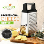 Spring Chef Professional Cheese Grater - Stainless Steel, Xl Size, 4 Sides - Perfect Box Grater For Parmesan Cheese, Vegetables, Ginger - Dishwasher Safe - Black