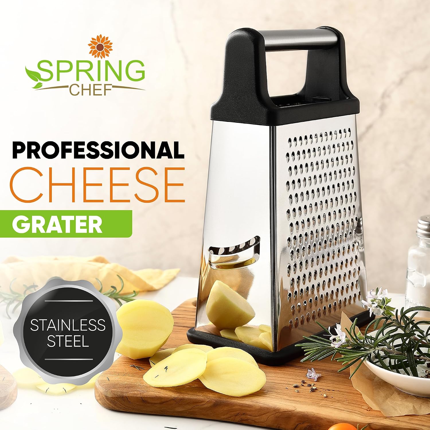 Spring Chef Professional Cheese Grater - Stainless Steel, Xl Size, 4 Sides - Perfect Box Grater For Parmesan Cheese, Vegetables, Ginger - Dishwasher Safe - Black