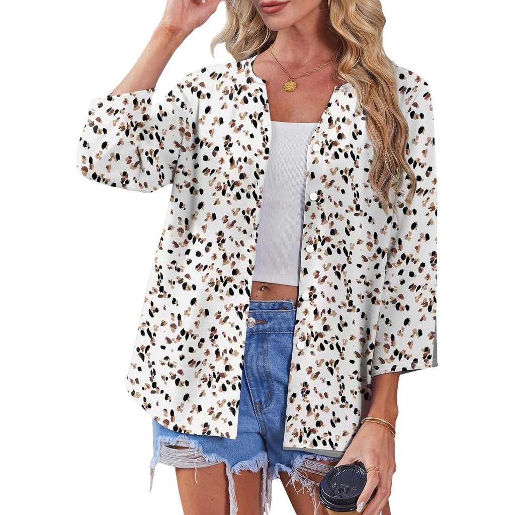 Button Down Shirts for Women 3/4 Length Sleeve Tops V Neck Blouses Business Casual Outfits Loose Fit