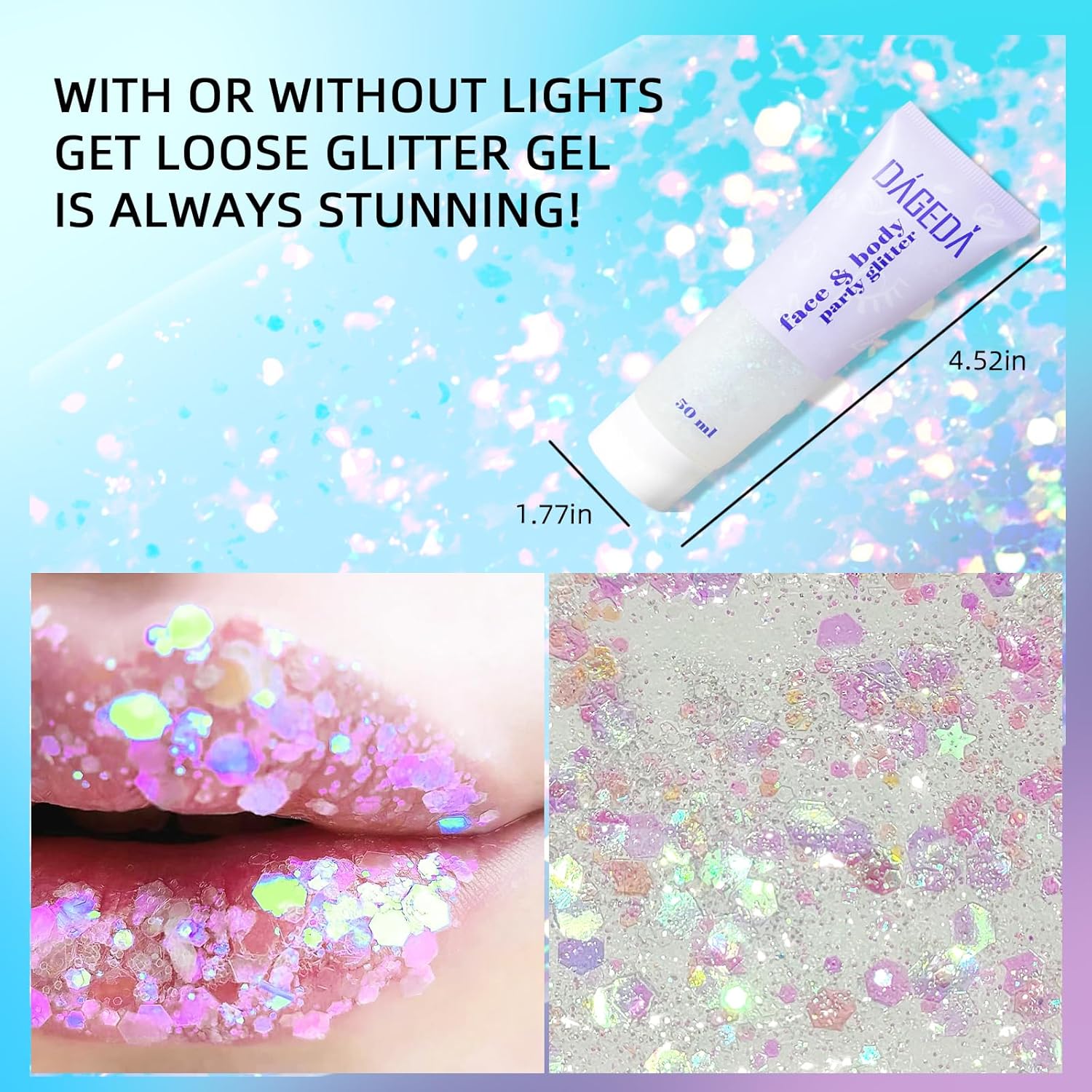 DAGEDA Body Glitter Gel, Face Glitter Body Gel Sequins Shimmer Liquid Eyeshadow, Chunky Glitter for Face Hair Nails, Holographic Cosmetic Laser Powder Festival Glitter Makeup 50ml(White)