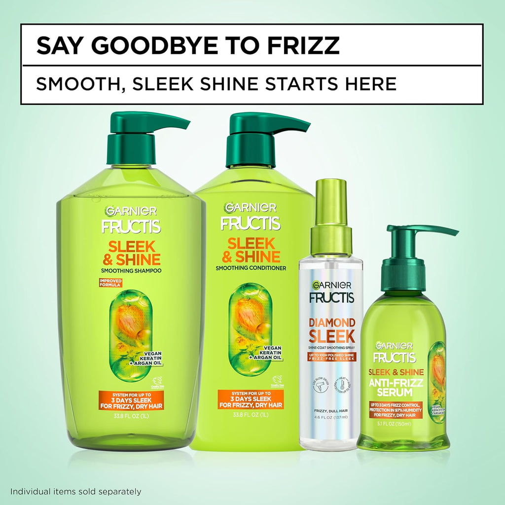 Garnier Fructis Sleek & Shine Shampoo, Smoothing Shampoo For Frizzy, Dry Hair With Argan Oil And Vegan Keratin, 33.8 Fl Oz (Packaging May Vary)