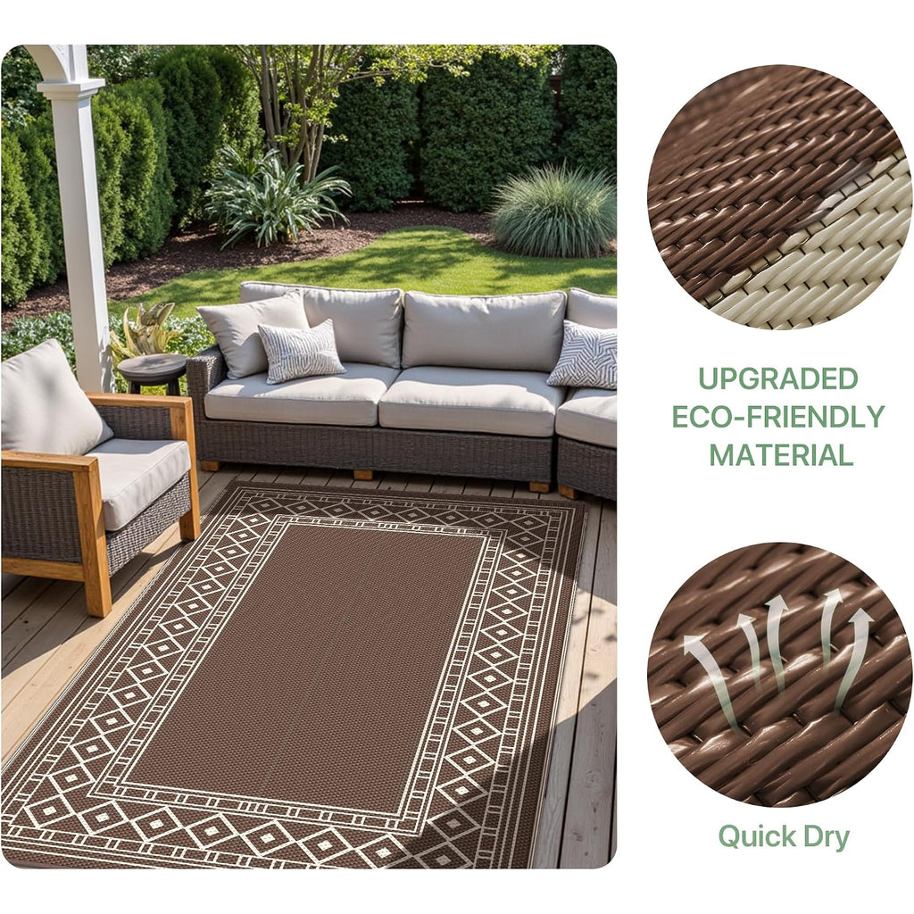 Genimo Outdoor Rug, Waterproof Plastic Rugs For Patio, 5'X8' Coffee Beige | Outside Larger Modern Carpet Mat For Porch Decor, Deck, Balcony, Camping, Rv, Backyard, Picnic, Beach, Reversible, Foldable