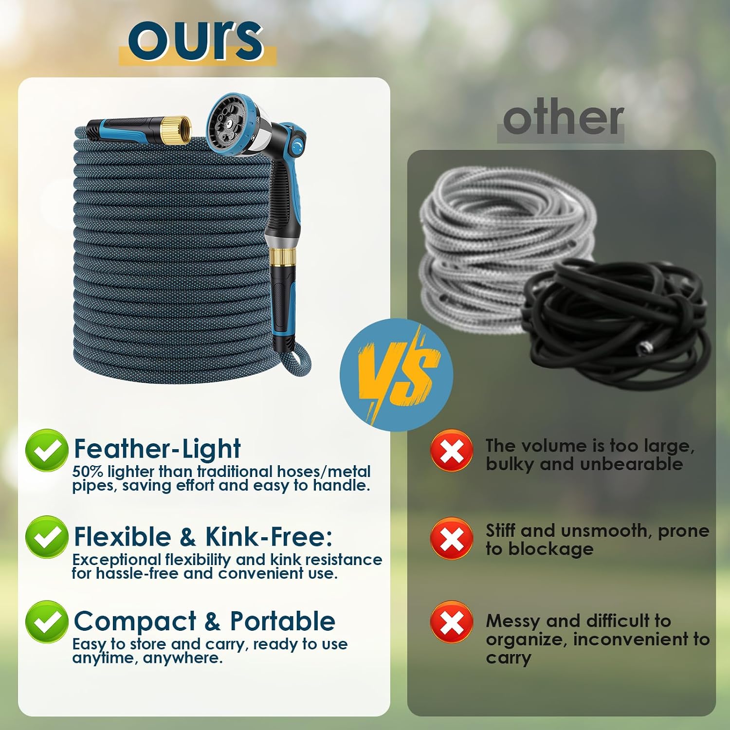 Non-Expandable Garden Hose 100 Ft, Lightweight Hose With 10 Function Spray Nozzle, Kink-Free Flexible Water Hose, Durable, Leak-Proof, 360° Swivel Connectors, Portable Storage Strap