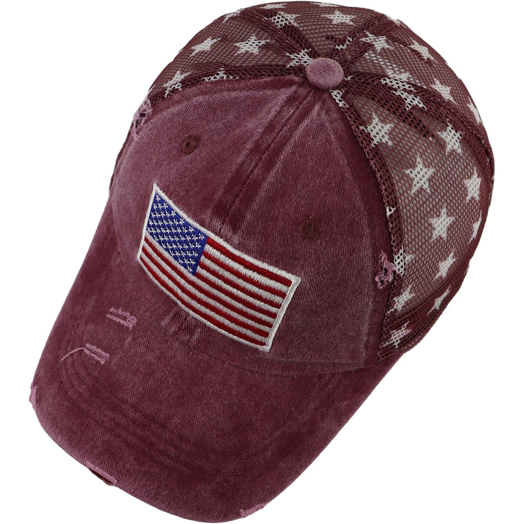 USA American Flag Trucker Hat for Women, Funny Adjustable Washed Embroidered Distressed Mesh Baseball Cap American Flag Embroidered Red