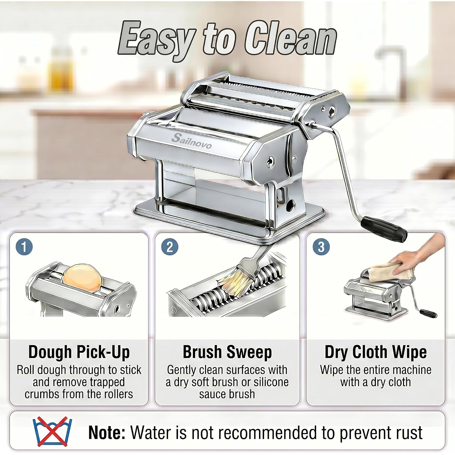 Sailnovo 3 In 1 Pasta Maker Machine - 9 Adjustable Thickness Settings Aluminum Alloy Pasta Roller & 2 Width Cutters For Fresh Spaghetti, Fettuccini, Lasagna, Dumplings - Stainless Steel, Silver