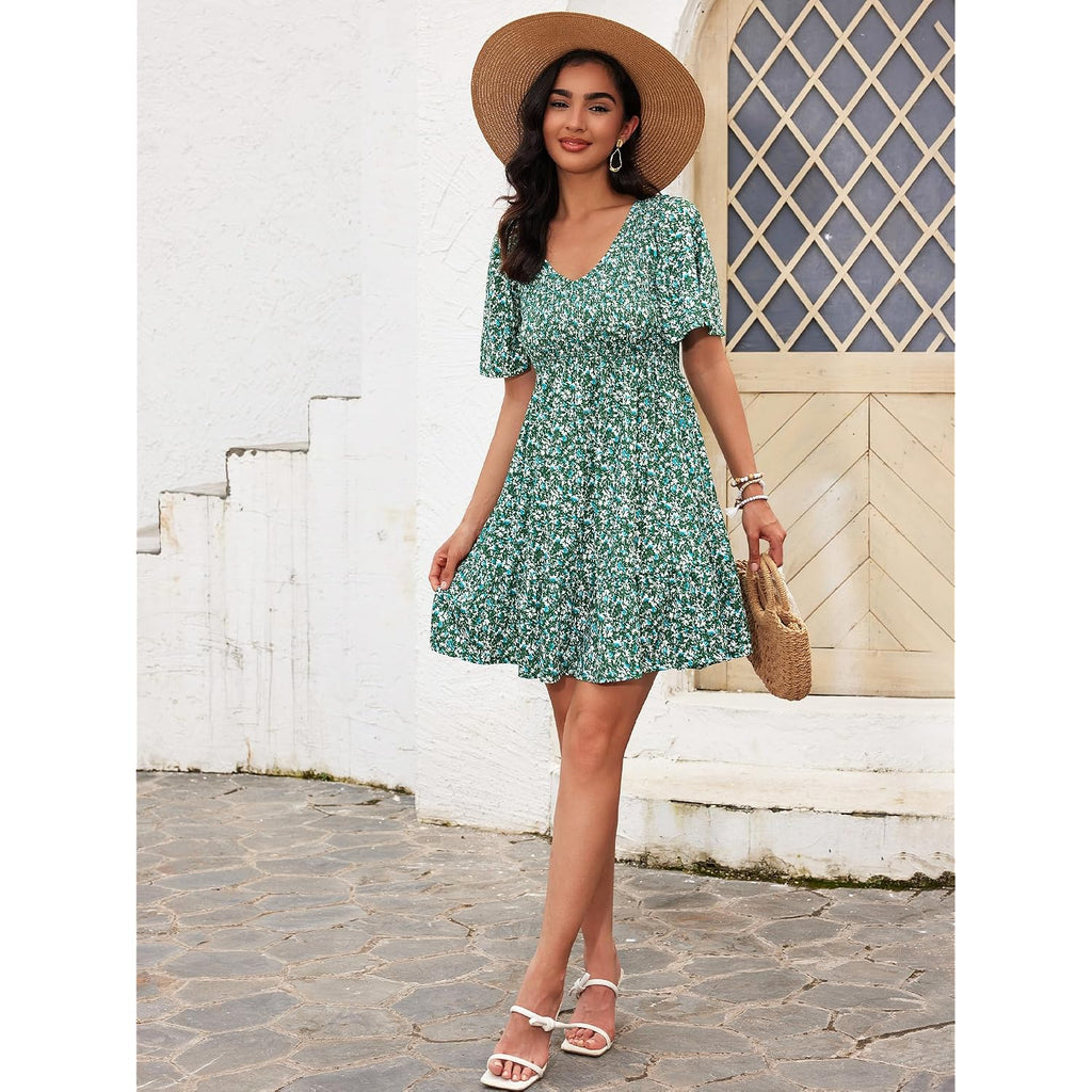 Ueal Womens Cute Floral Smocked V Neck Flutter Sleeve Sundress With Pockets Casual Spring Summer Dresses For Women 2026