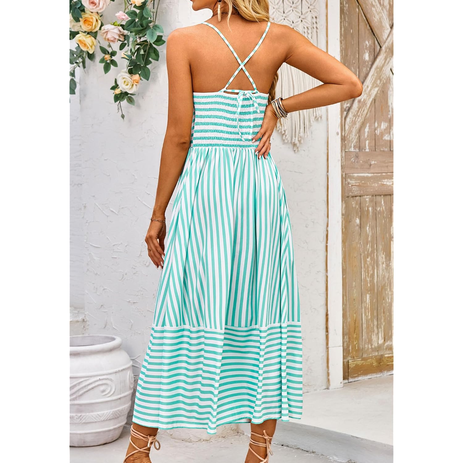 Fashionme Womens Summer Maxi Dresses 2026 Trendy Striped Vacation Boho Beach Spaghetti Strap Sundress Back Tie With Pockets
