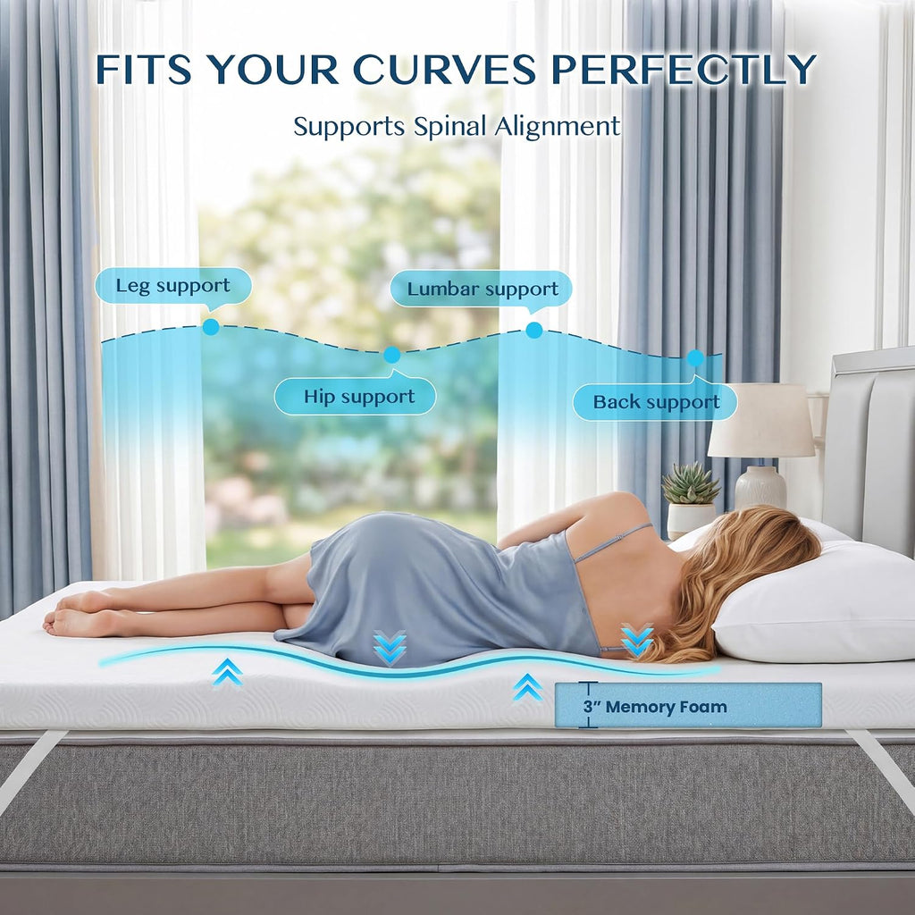 Masvis 3 Inch Queen Memory Foam Mattress Topper, Ventilated Gel Mattress Topper For Back Pain Relief, Certipur-Us Certified, Removable Washable Cover, Wave Pattern Bed Topper,White