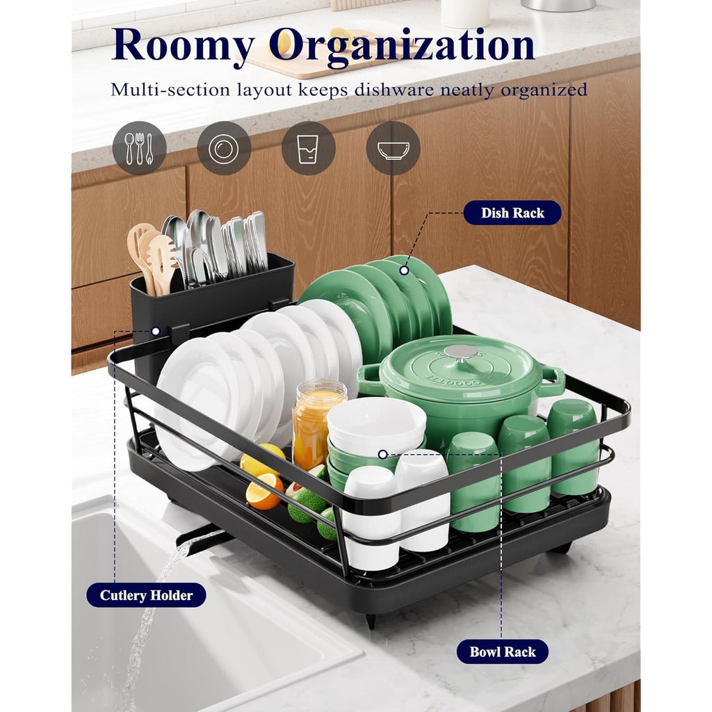 Kitsure Dish Drying Rack for Kitchen Counter, Stainless Steel Sink Organization and Storage Essentials with Cutlery Holder, Home and Appartment Decor, 12''W x 15.5''L, Black