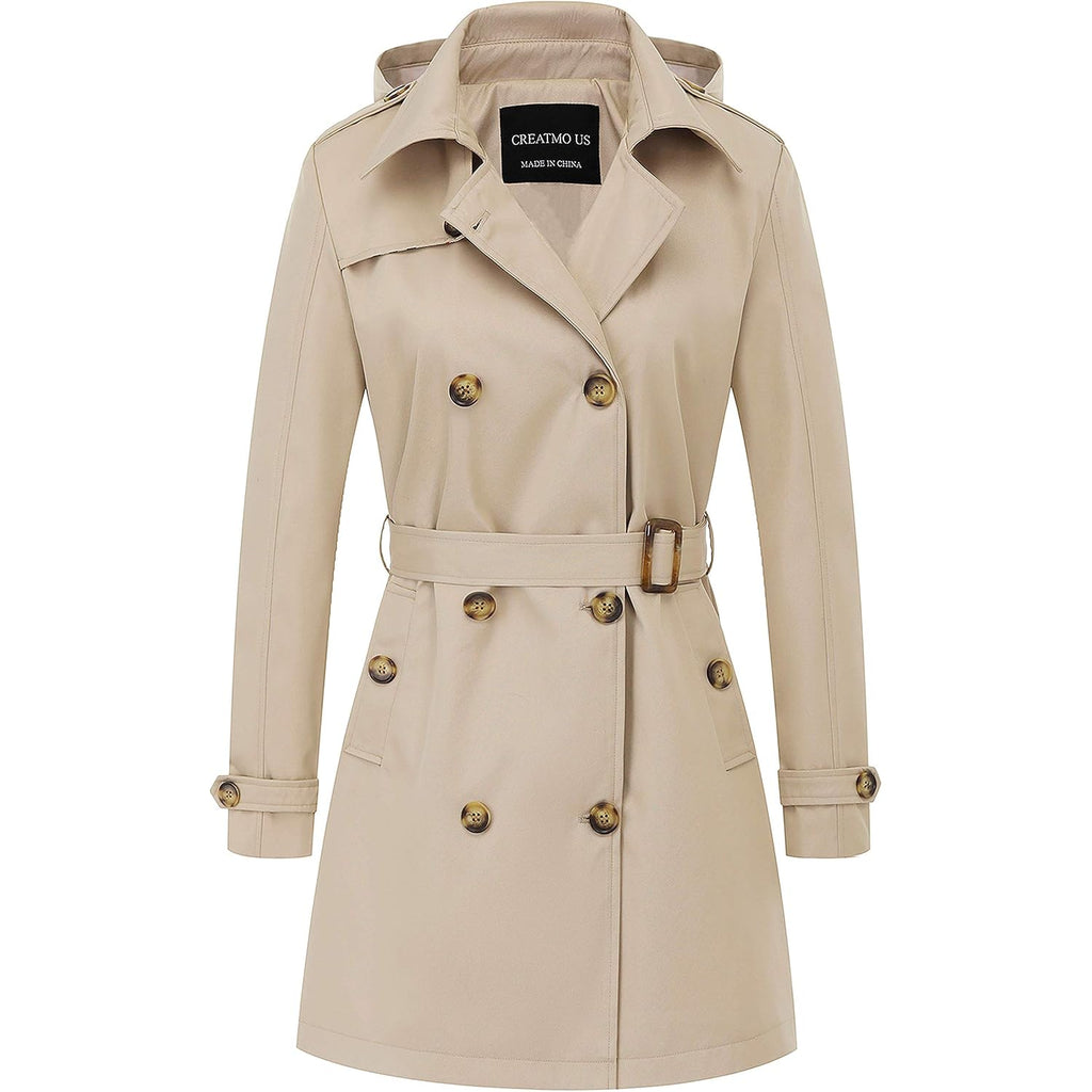 Women'S Trench Coat Double-Breasted Classic Lapel Overcoat Belted Slim Outerwear Coat With Detachable Hood