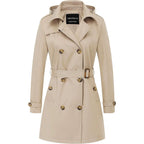 Women'S Trench Coat Double-Breasted Classic Lapel Overcoat Belted Slim Outerwear Coat With Detachable Hood