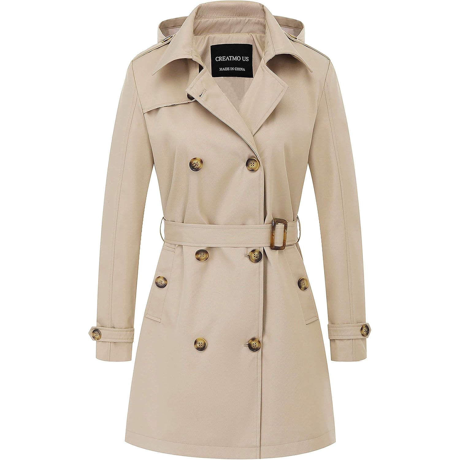 Women'S Trench Coat Double-Breasted Classic Lapel Overcoat Belted Slim Outerwear Coat With Detachable Hood
