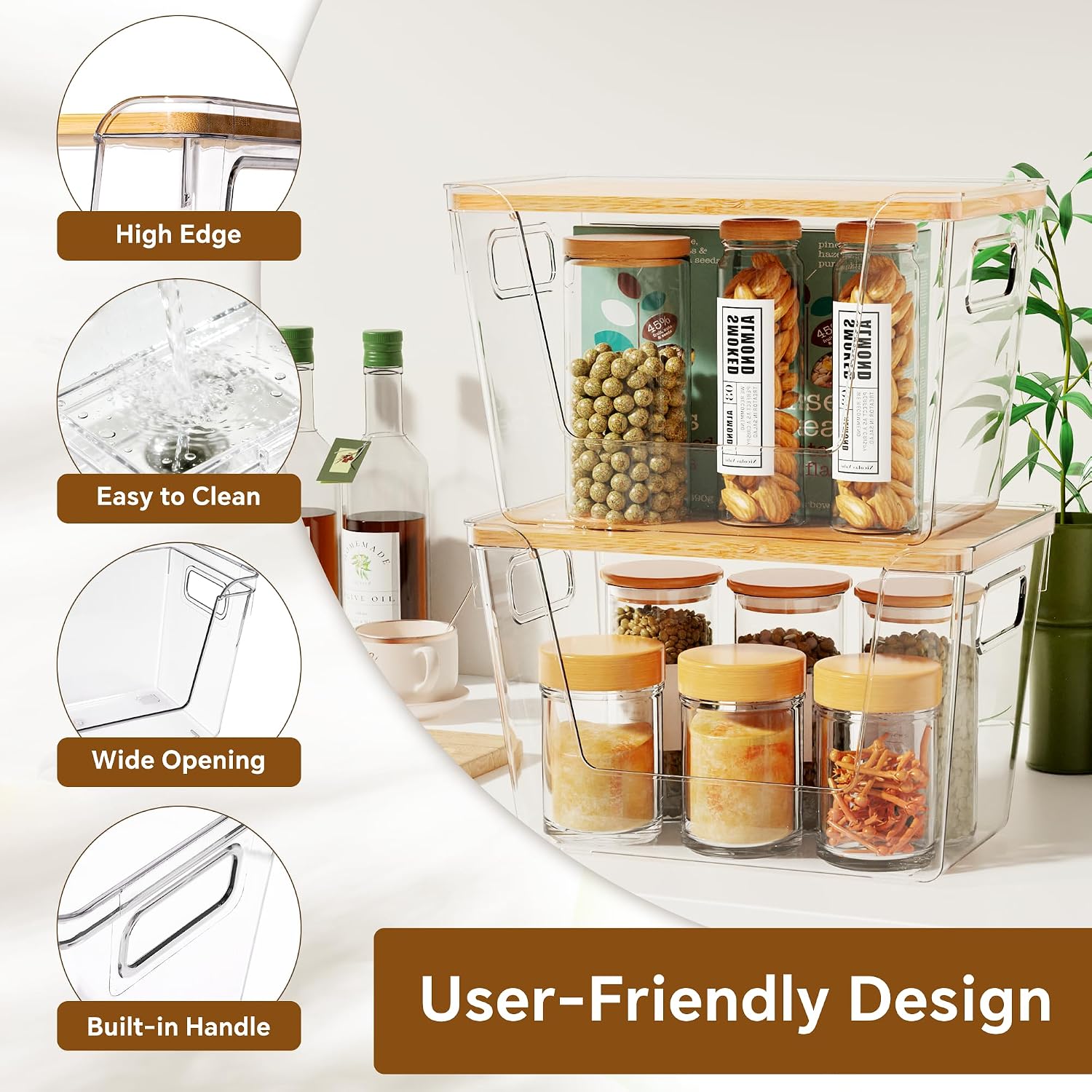 2 Set Pantry Organizers And Storage With Bamboo Lids, Stackable Clear Bins For Onion, Potato, Fruit, Vegetables, Trash Bag Dispenser, Kitchen And Under Sink Organizer