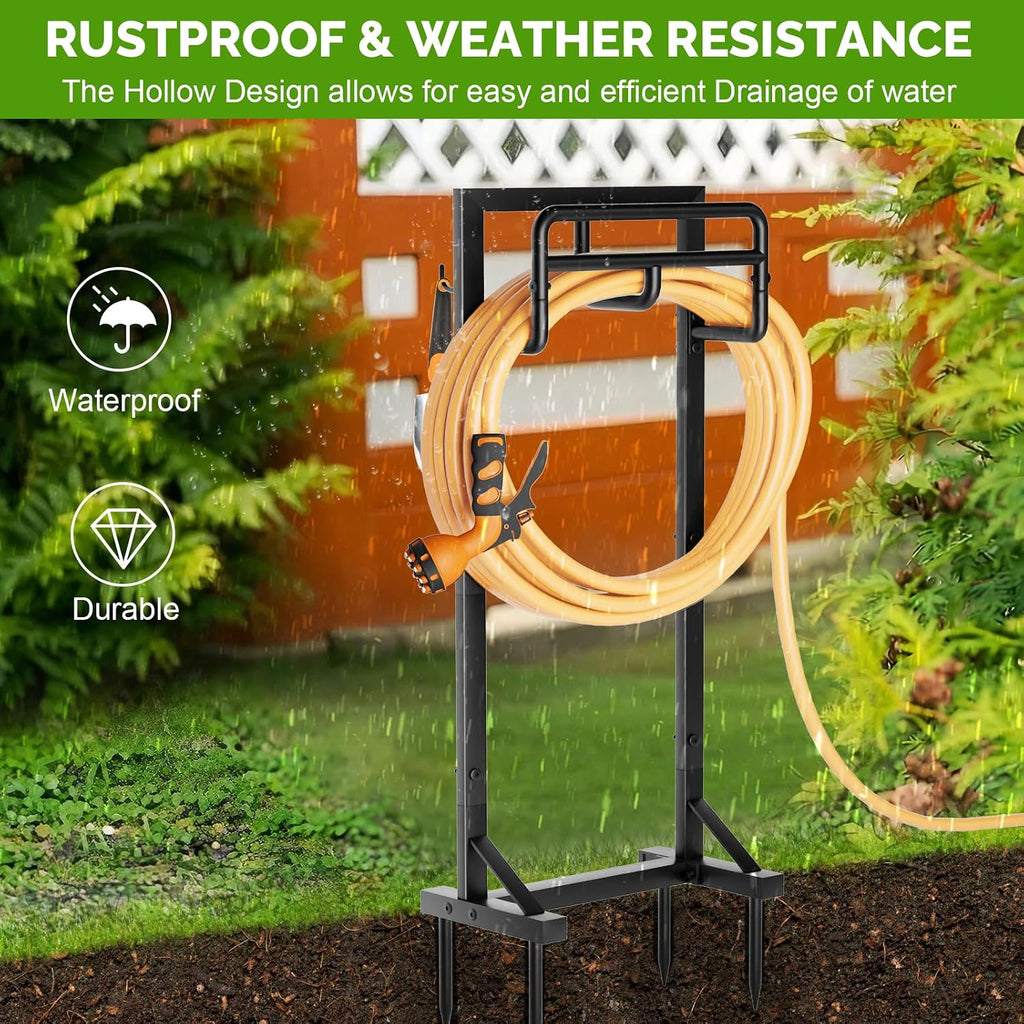 Garden Hose Holder With Stable Base And Tool Hooks, Gaviscity Heavy-Duty Metal Hose Hanger Garden Hose Storage Holds 151Ft Hose, Rustproof Freestanding Water Hose Holder For Outside, Yard, Lawn, Black
