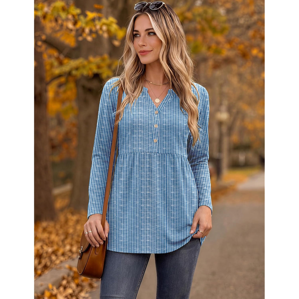 Zeagoo Women Blouses Long Sleeve Shirts Boho Henley V Neck Tops Business Casual Loose Pleated Fashion Clothing