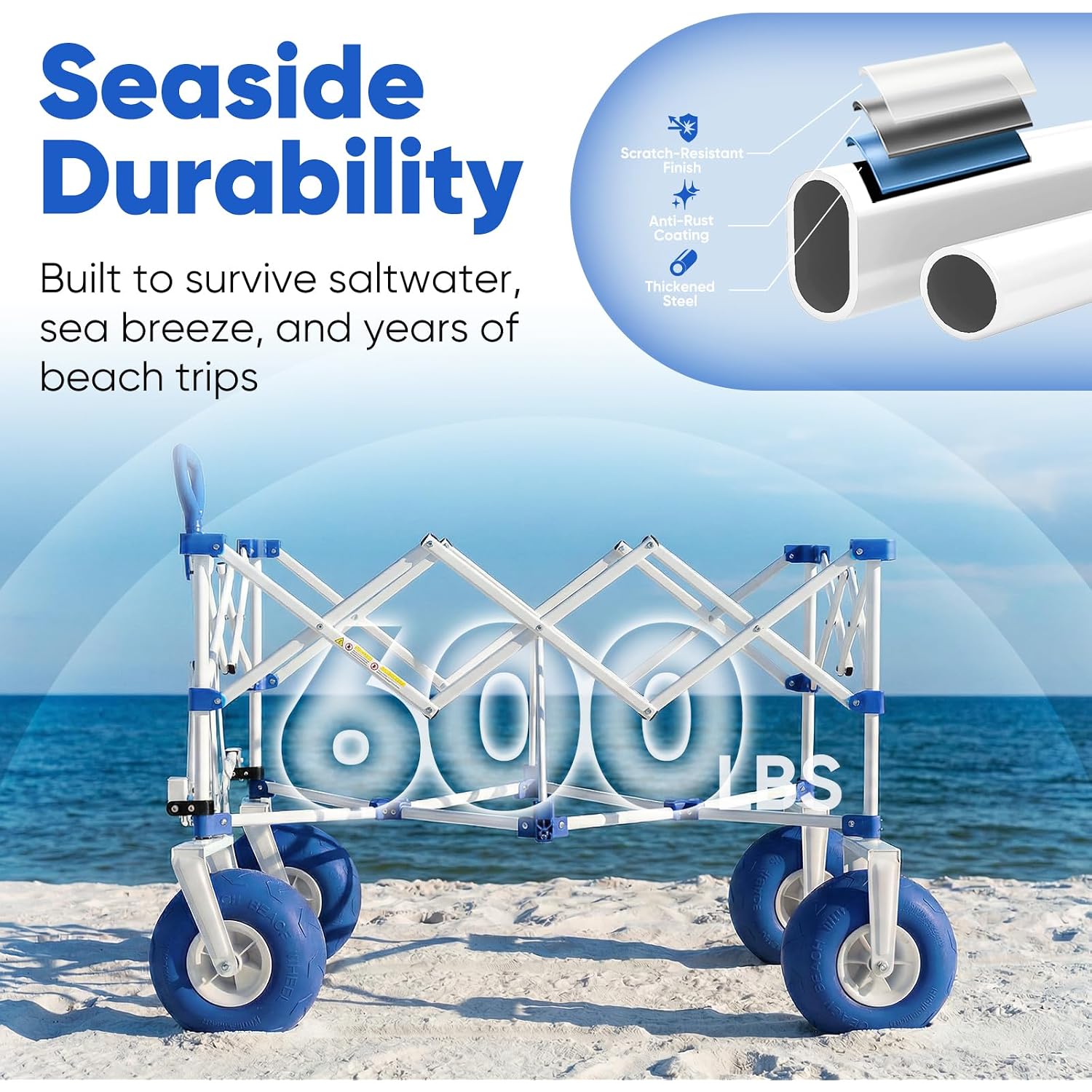 Sekey Heavy Duty Beach Wagon With 9" Big Sand-Proof Wheels – 600Lb Capacity, 200L Oversized Foldable Cart | Adjustable Handle & All-Terrain Tires For Sand, Camping