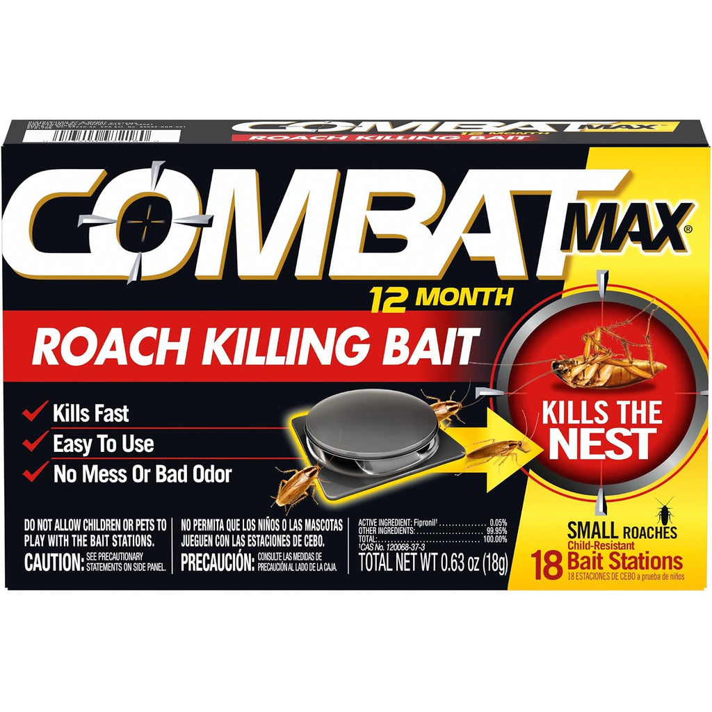 Combat Max 12 Month Roach Killing Bait, Small Roach Bait Station, 18 Count, Child-Resistant, Fast-Acting Fipronil Cockroach Killer & Nest Destroyer, No Vapor, Fumes Or Odor, Mess-Free