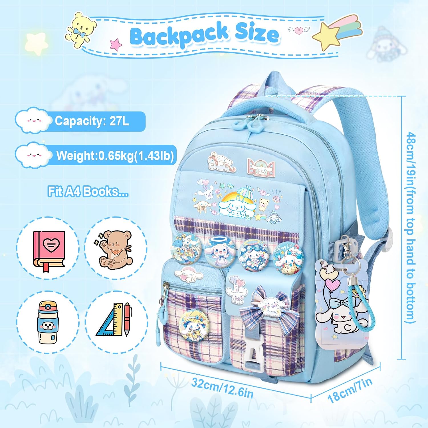 Kieal 16.5/19In School Backpack For Girls With 24Pcs Accessories, Anti-Theft Kids Backpack For Students, New Semester Presents With Pins And Card Holder