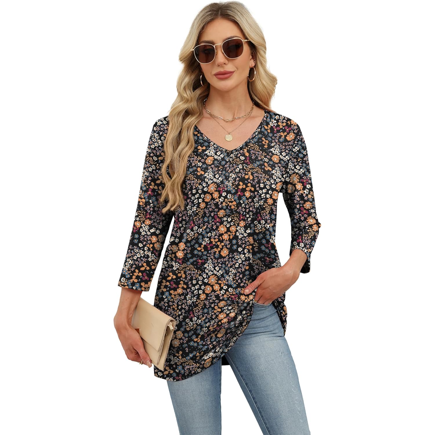 3/4 Length Sleeve Womens Tops Dressy Casual Plus Size Tunics to Wear with Leggings