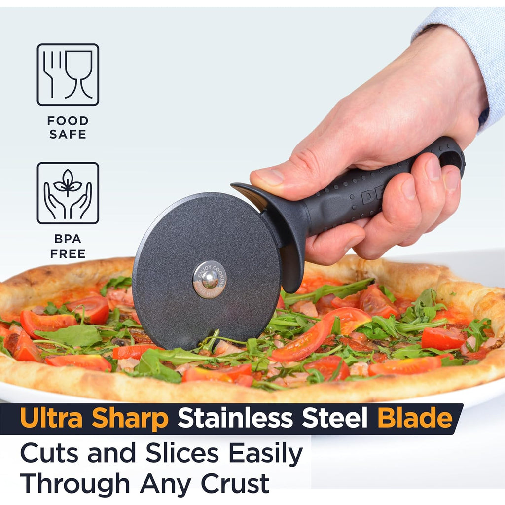 Deiss Lux Heavy Duty Pizza Cutter With Wheel Slicer- Stainless Steel Sharp Smooth Pizza Cutter Wheel With Easy Grip Non-Slip Handle, Dishwasher Safe (Black)