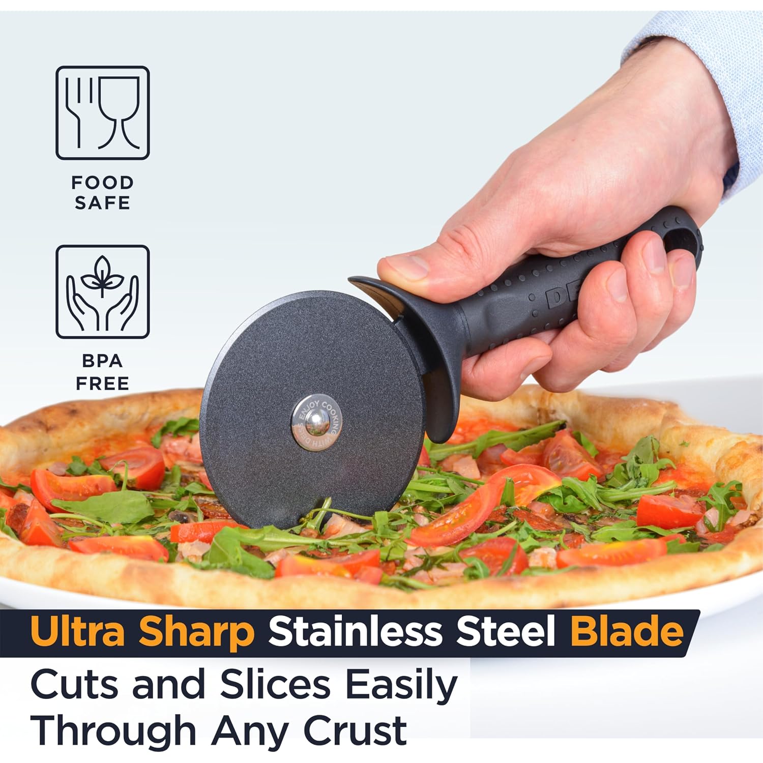 Deiss Lux Heavy Duty Pizza Cutter With Wheel Slicer- Stainless Steel Sharp Smooth Pizza Cutter Wheel With Easy Grip Non-Slip Handle, Dishwasher Safe (Black)