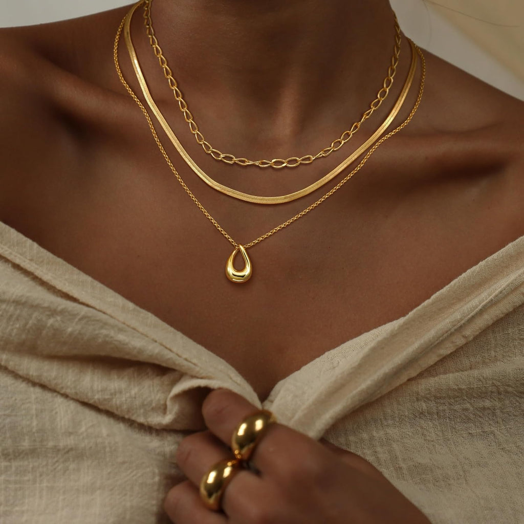 NECOCY Layered Gold Necklaces for Women, Trendy 14k Gold/Silver Plated Pendant Necklace Stack Simple Herringbone Chain Choker Set Gold Jewelry Gifts