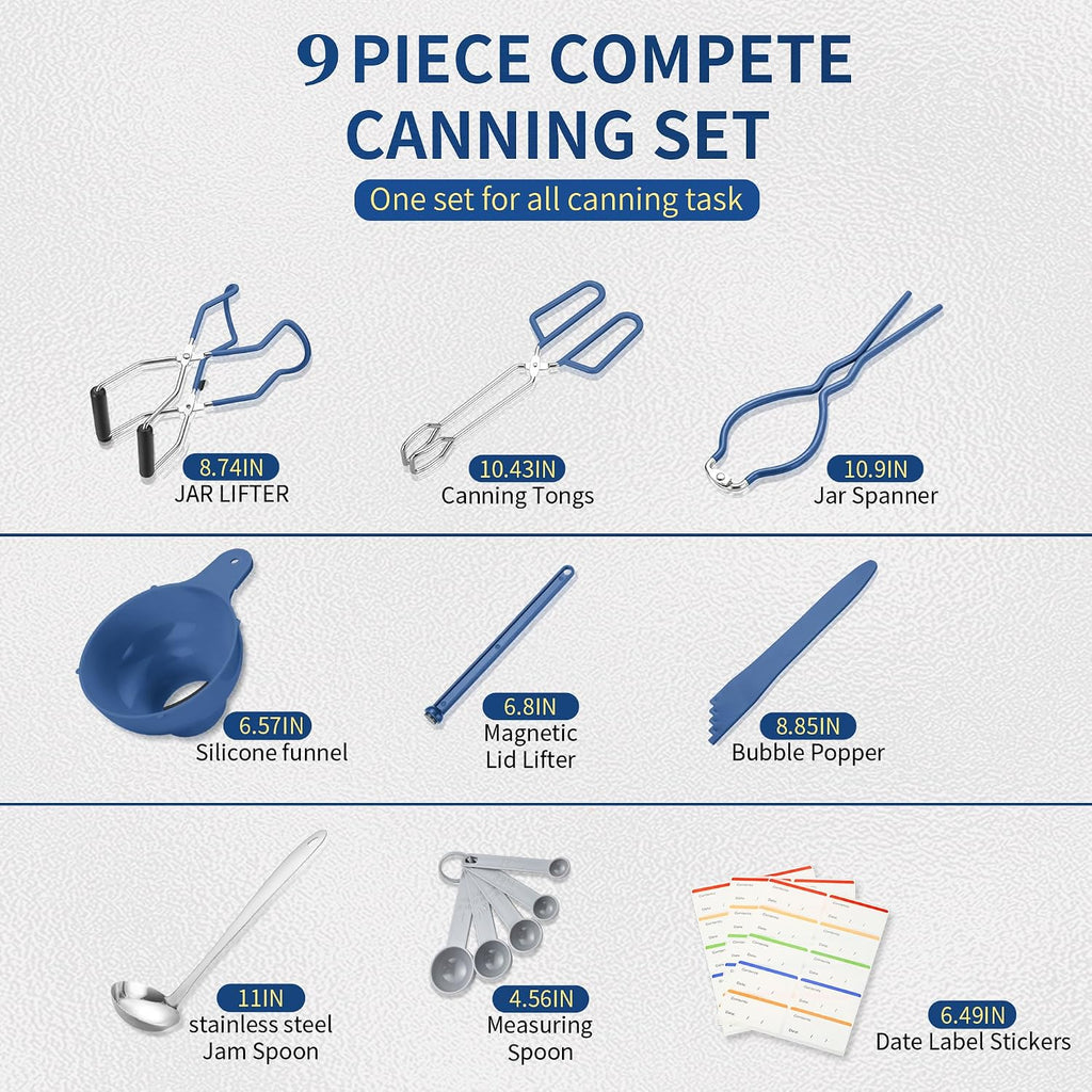 Canning Supplies Starter Kit,Canning Kit For Beginners Of 9 With Jar Lifter，Wide Mouth Funnel,Wrench,Tongs,Lid Lifter,Bubble Popper,Canning Labels,Ladle,Measuring Spoon-Blue