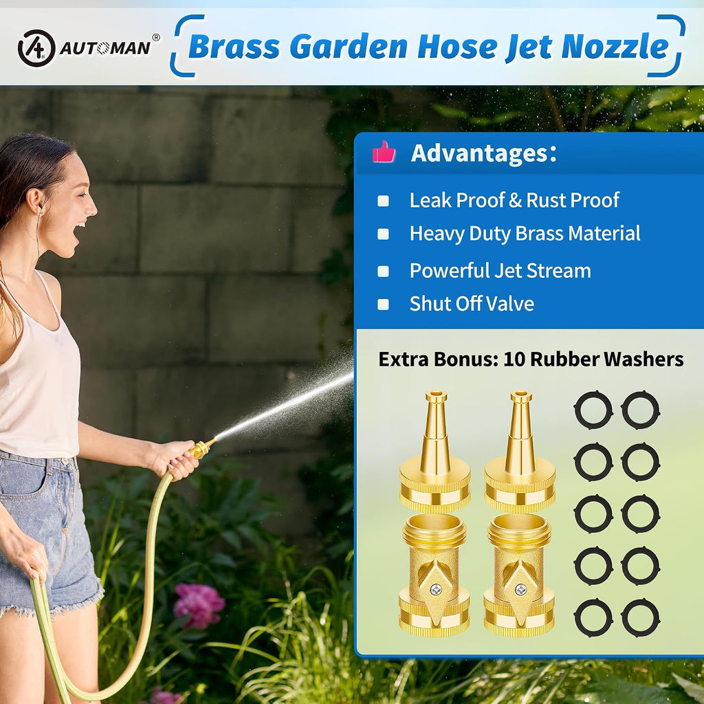 Automan Brass Hose Nozzle - High Pressure Jet Nozzle 4 Count (2 Set), Heavy Duty Water Hose Sprayer Sweeper With Hose Shutoff Valve, 3/4” Ght Nozzles For Garden Hose, Car Wash, Extra 10 Rubber Washers