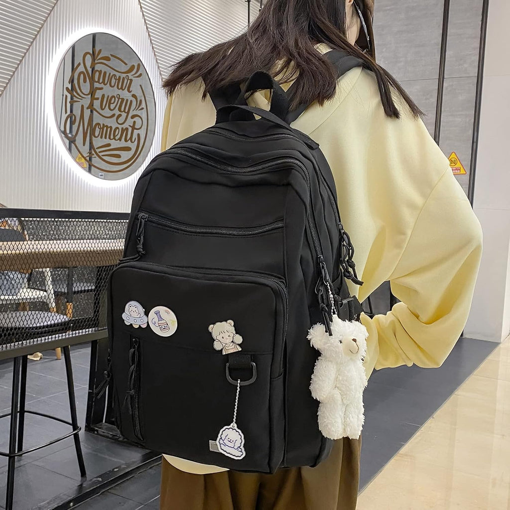 Gaxos Cute Aesthetic Backpack For School Middle Student Travel Pink Backpack Teens Girls Bear Pin Book Bags