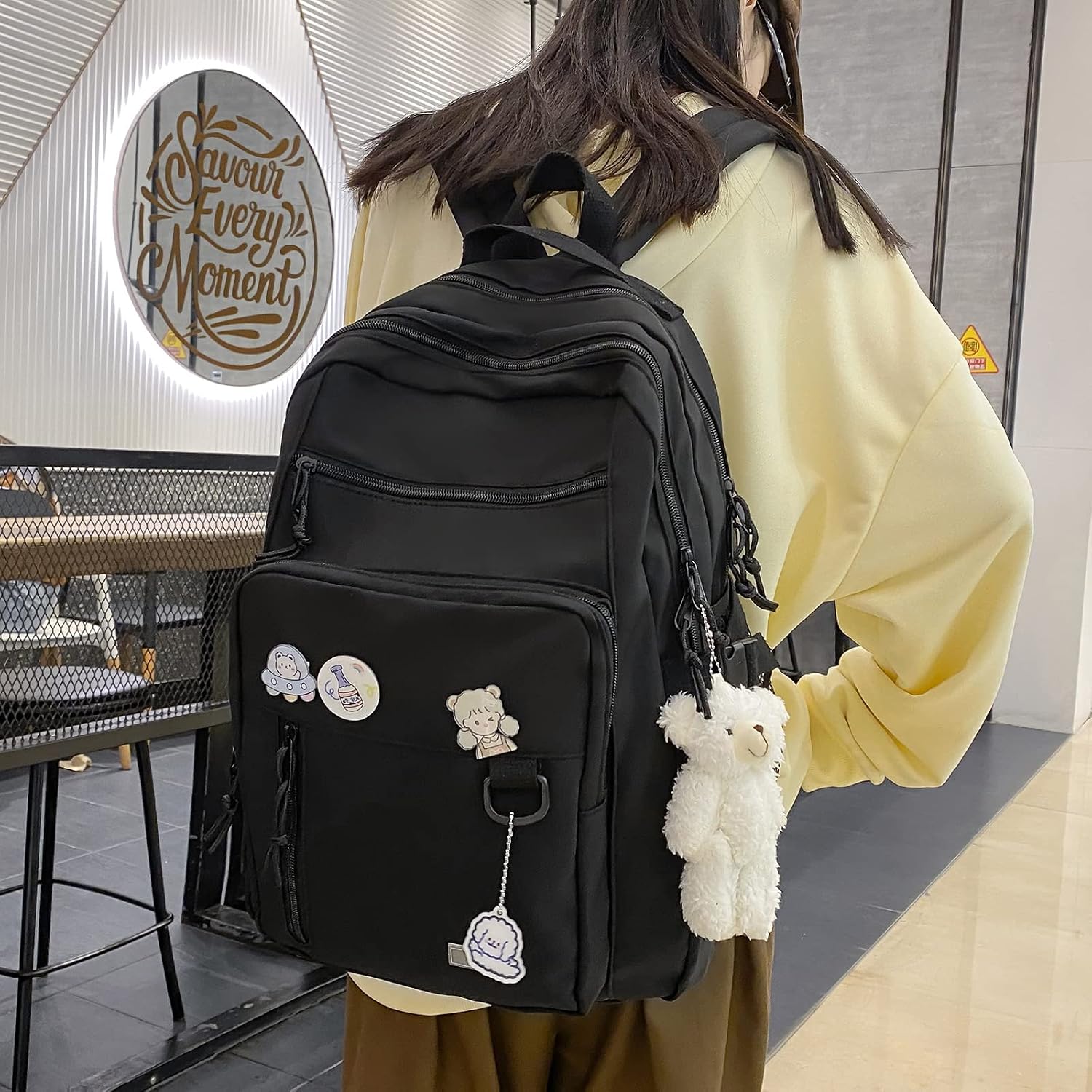 Gaxos Cute Aesthetic Backpack For School Middle Student Travel Pink Backpack Teens Girls Bear Pin Book Bags