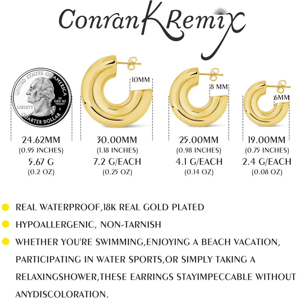 CONRAN KREMIX Waterproof Chunky Gold Hoops Earrings for Women Non Tarnish, Thick Gold Plated Circle Open Hoop,Lightweight Hollow Earrings Trendy