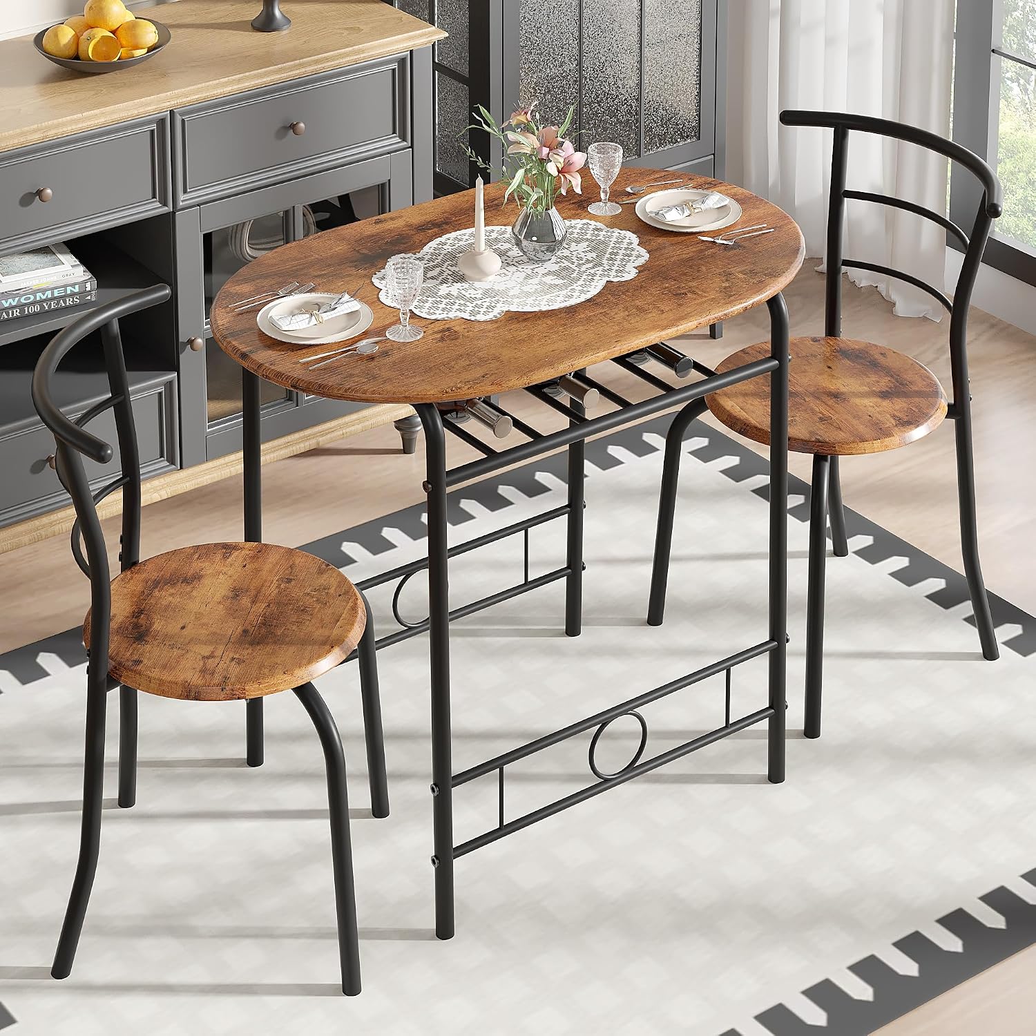 Vecelo 3-Piece Dining Table Set For Kitchen Breakfast Nook, Wood Grain Oval Tabletop And Metal Frame With Built-In Wine Rack, For Small Spaces, Antique Brown & Black