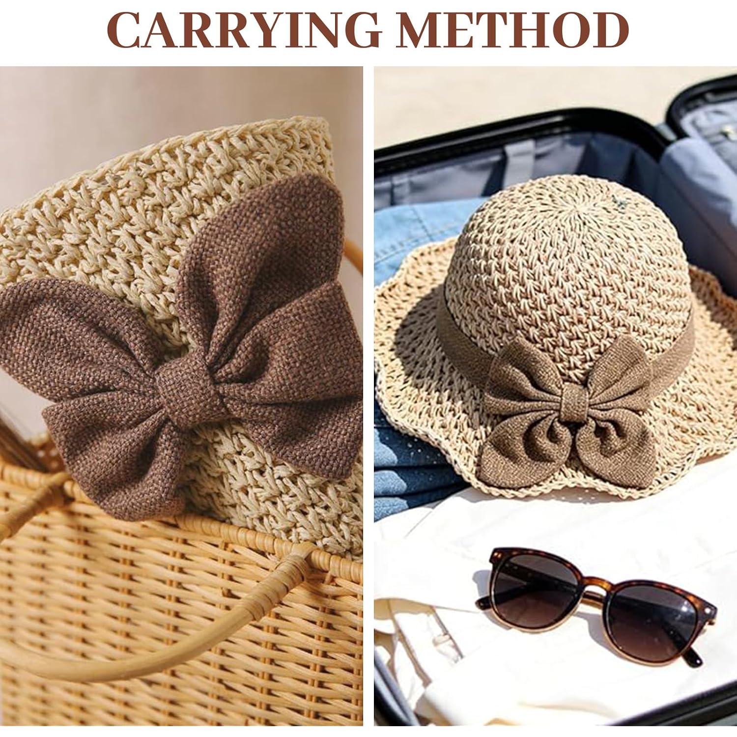 Elegant Woven Straw Sun Hat with Bow, Straw Hat with Retro Bow, Womens Straw Hat Wide Brim Bucket Foldable Breathable Beige