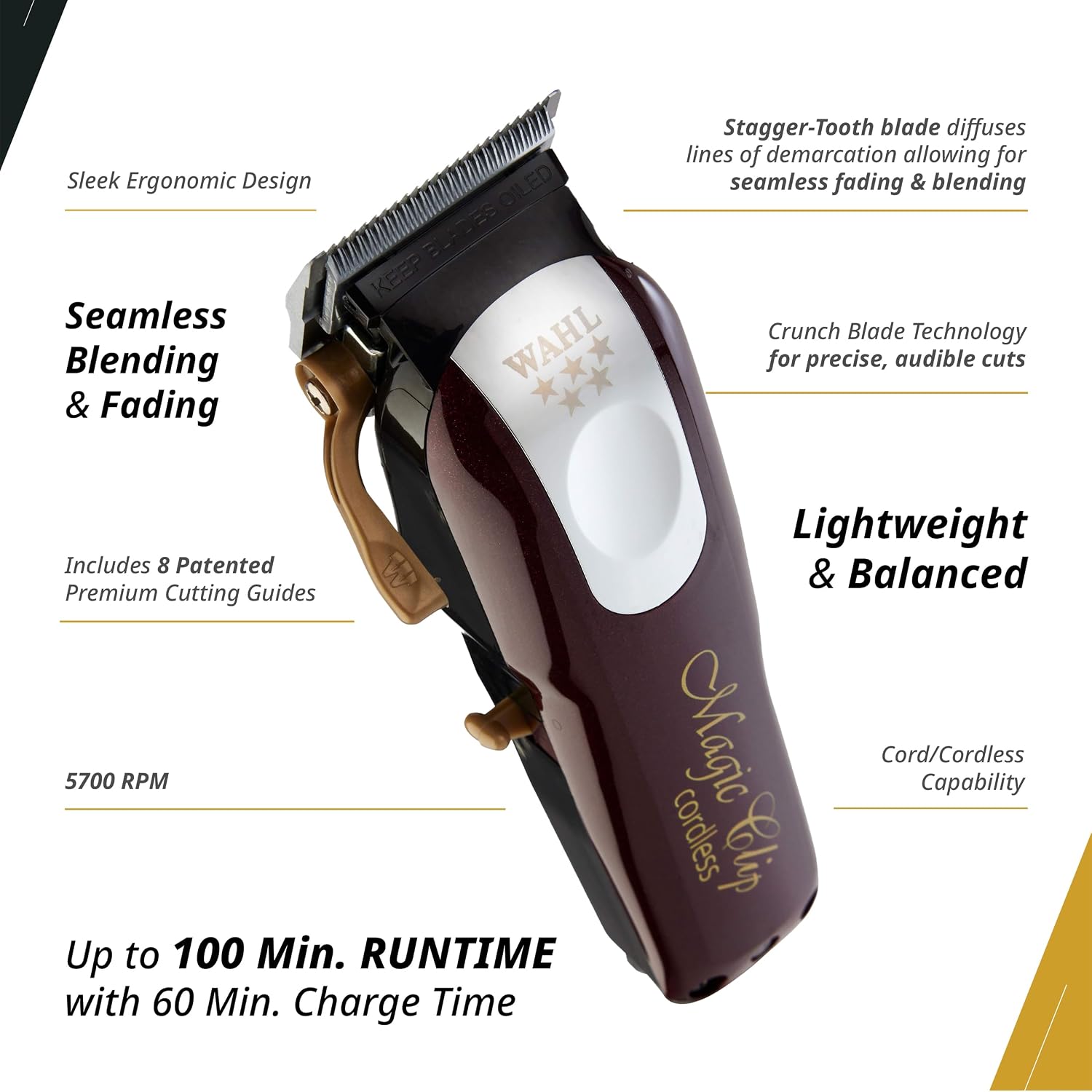 Wahl Professional 5 Star Series Magic Clip Cordless Hair Clipper, Stagger-Tooth Blade Professional Hair Trimmer With Attachments, 100+ Minute Run Time